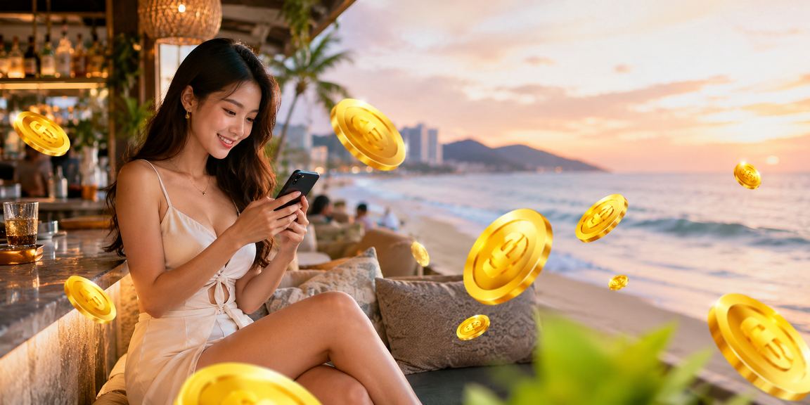 Người dùng nạp tiền bằng thiết bị di động tại Vũng Tàu dưới ánh hoàng hôn